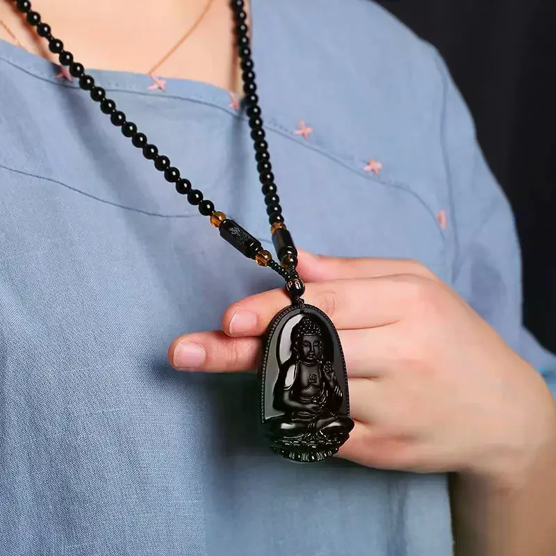 Black Obsidian Pendant Carved Design Beaded Chain Daily Wear Lucky Gift