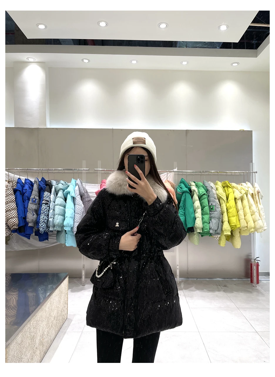 2025 vrouwen Winter 90% Witte Eend Donsjack Casual Dikker Puffer Jas Vrouwelijke Parka Pailletten Pailletten
