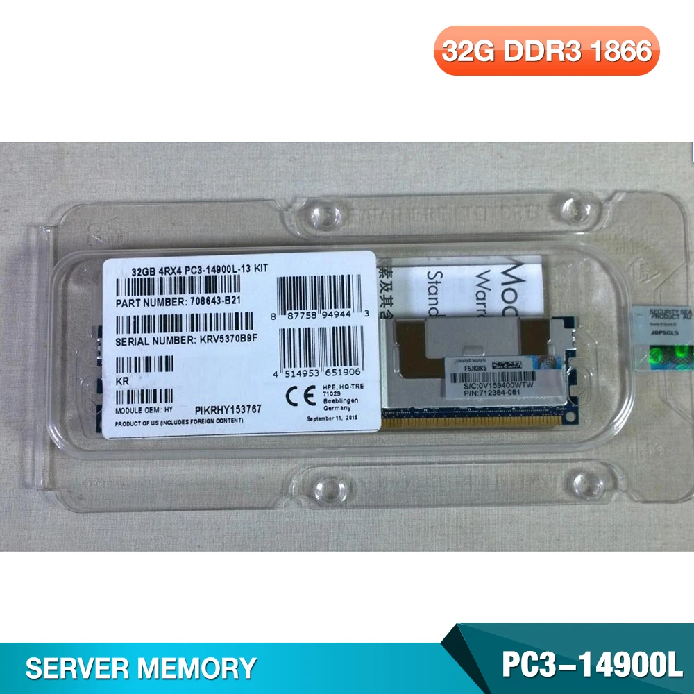 

1 шт. PC3-14900L для серверной памяти HP 708643 -B21 712384 -081 715275 -001 32 ГБ DDR3 1866 ECC REG LRDIMM