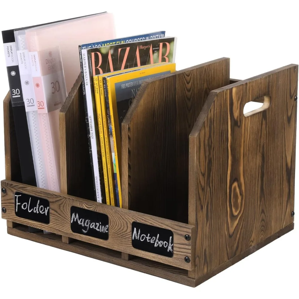 Rustic Wood Document Organizer with 3 Compartments, Chalkboard Labels, and Carry Handles for Office Desk Storage