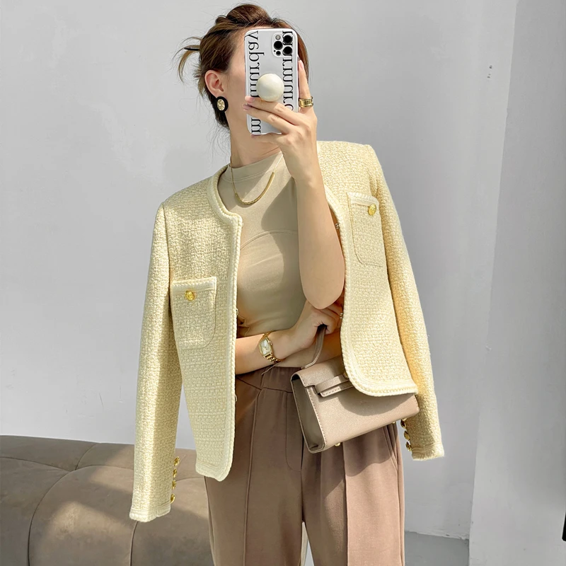 Jaqueta recortada de manga longa feminina, jaqueta de Tweed rosa, amarela, luxo, elegante, inverno, outono, coreana, 2022