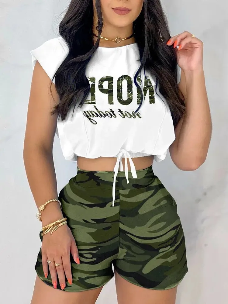 Women's Fashion Casual Stripe Printing 2-Piece Sets 2024 Woman's Sexy Summer Sleeveless Round Neck Camo Bow Short Top Shorts Set