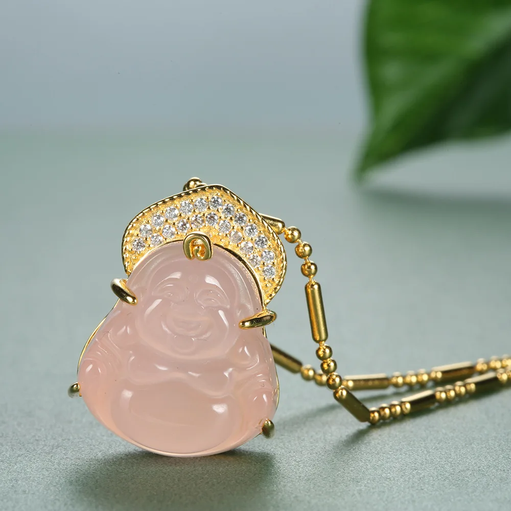 Xiaohongshu S925 Sterling Silver Pink Buddha Gong Necklace Women's Simple Clavicle Chain Full Diamond Crystal Pendant