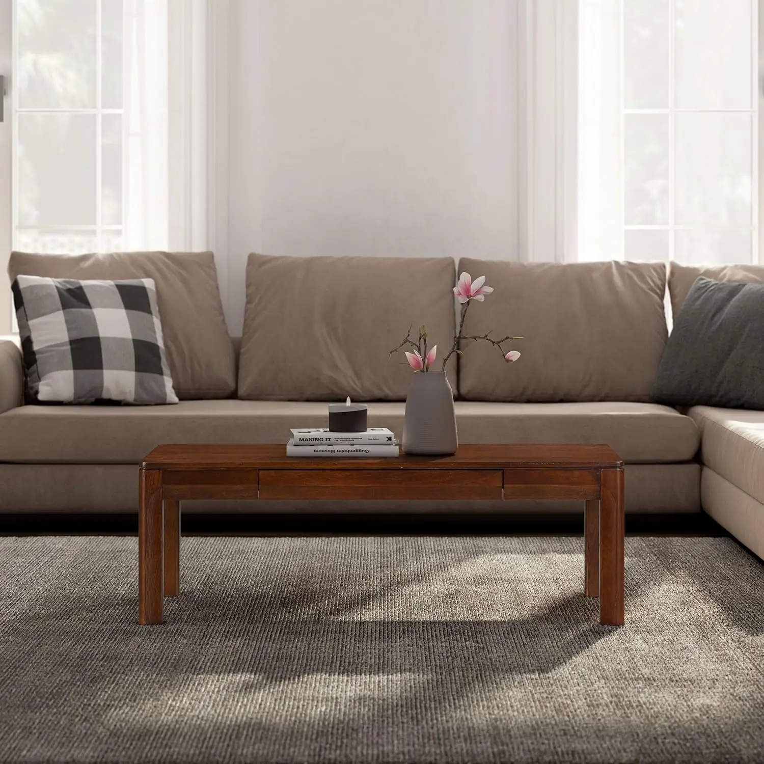 

Flow Modern Wooden Rectangle Coffee Table with Hidden Drawer – Waterproof & Heat Resistant, Dark Walnut