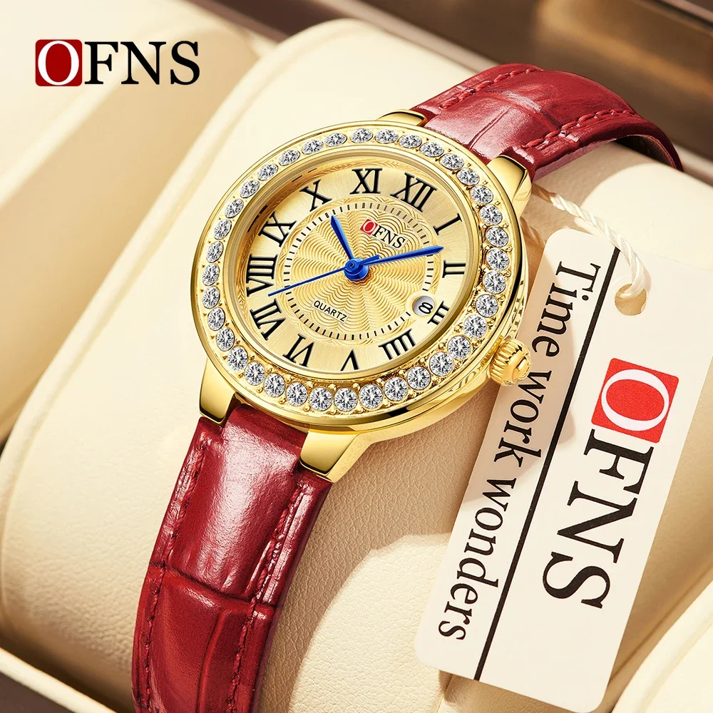 2025OFNS 5522 신상 명품 여성용 시계 로마 숫자 다이아몬드 장식 캘린더 방수 쿼츠 여성 시계 여성용 손목시계