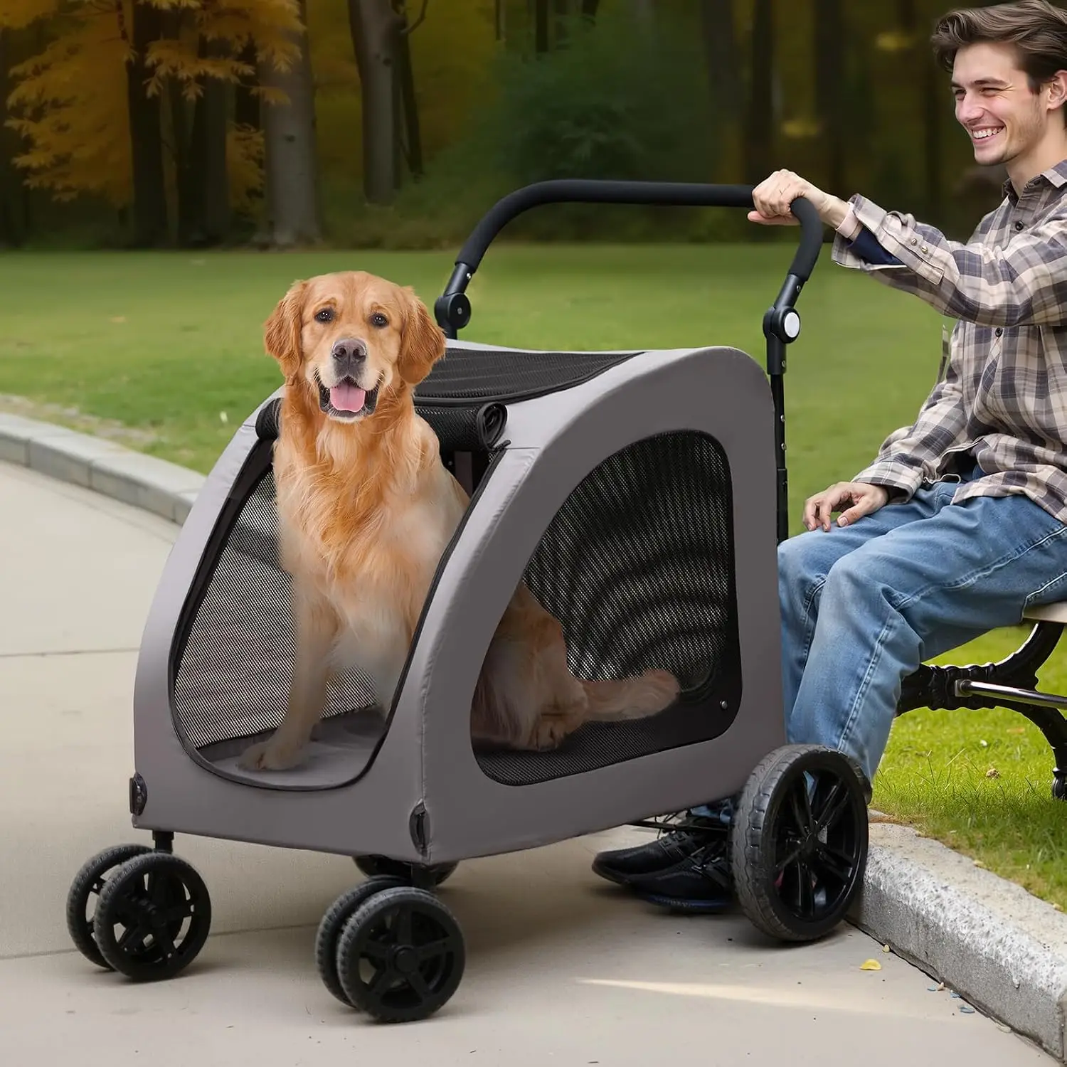 Pet Stroller, 4 Wheels Dog Carrier with Brakes, 160lbs Weight Capacity, Portable Puppy Travel Strollers, Customized