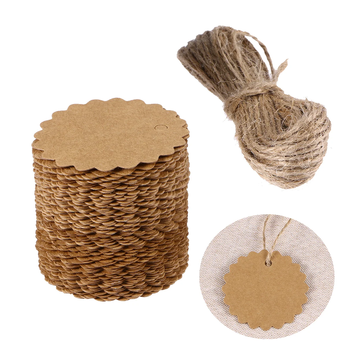 Papier kraft festonné rond avec ficelle de jute de 10m, étiquette de cadeau, étiquette de bagage bricolage, étiquette de prix, marron, 60mm, 100 pièces