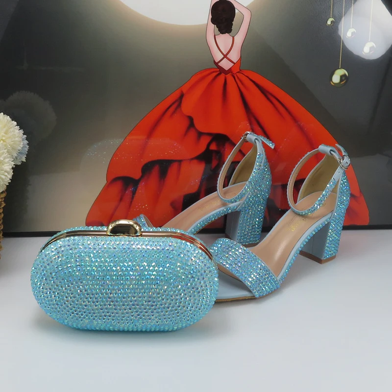 Estate blu AB cristallo scarpe da festa nuziale e borsa Set donna tacco spesso scarpe da sera da sposa sandali Open Toe cinturino alla caviglia