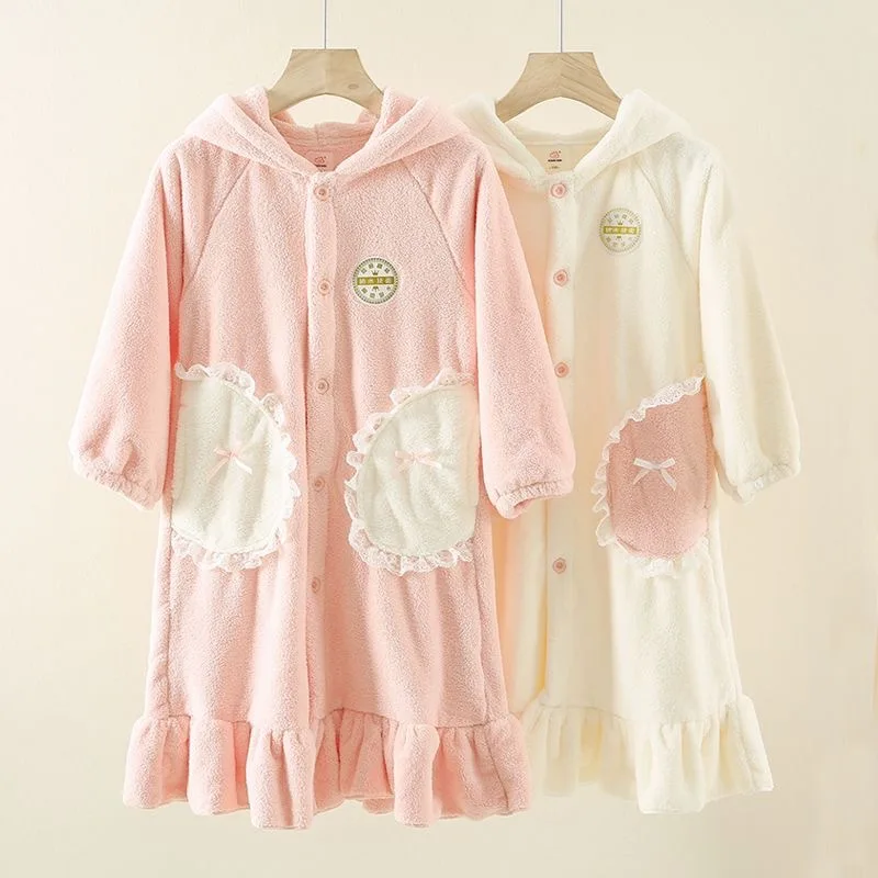 

Winter Flannel Girls Pajamas Soft and Breathable Cartoon Bathrobe Princess Hooded Nightgown