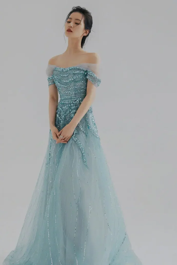 

L552 Fashion Blue Off The Shoulder Crystal Beaded A-line فساتين السهرة vestidos de fiesta فساتين سهره even