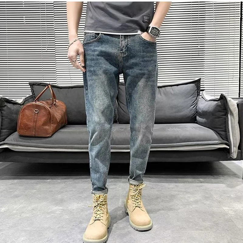 Jeans Kasual Slim Fit Melar Pria 2023 Celana Denim Klasik Warna Solid Biru Antik Pria Musim Semi Musim Panas Baru Celana Panjang Pria Bermerek