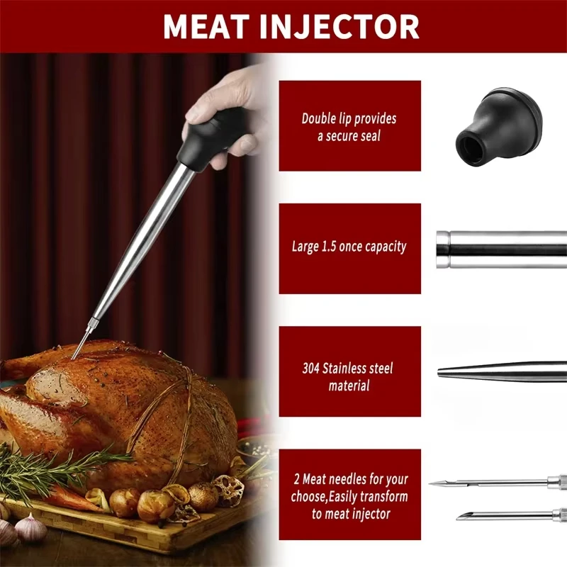 BBQ Meat Syringe Marinade Injector Set Turkey Baster with Stainless Steel Needles Pork Steak Meat Sauces Barbecue Seasoning Tool