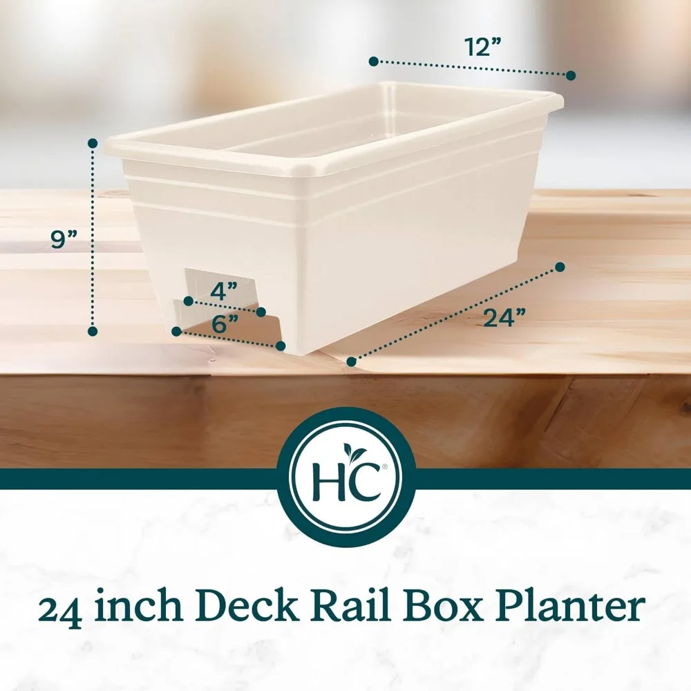 HC Companies 24 inches Deck Rail Box Planter with Easy Drainage Holes, Mounted Garden Flower Planter Boxes, White, Plastic, 4 Pa