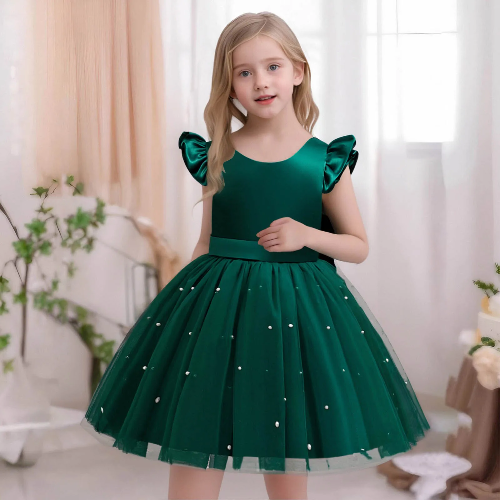 

Toddler Girl 1st Birthday Tulle Dress Backless Bow Beading Gown Kids Christmas Wedding Party Princess Dress Baby Girl Dresses