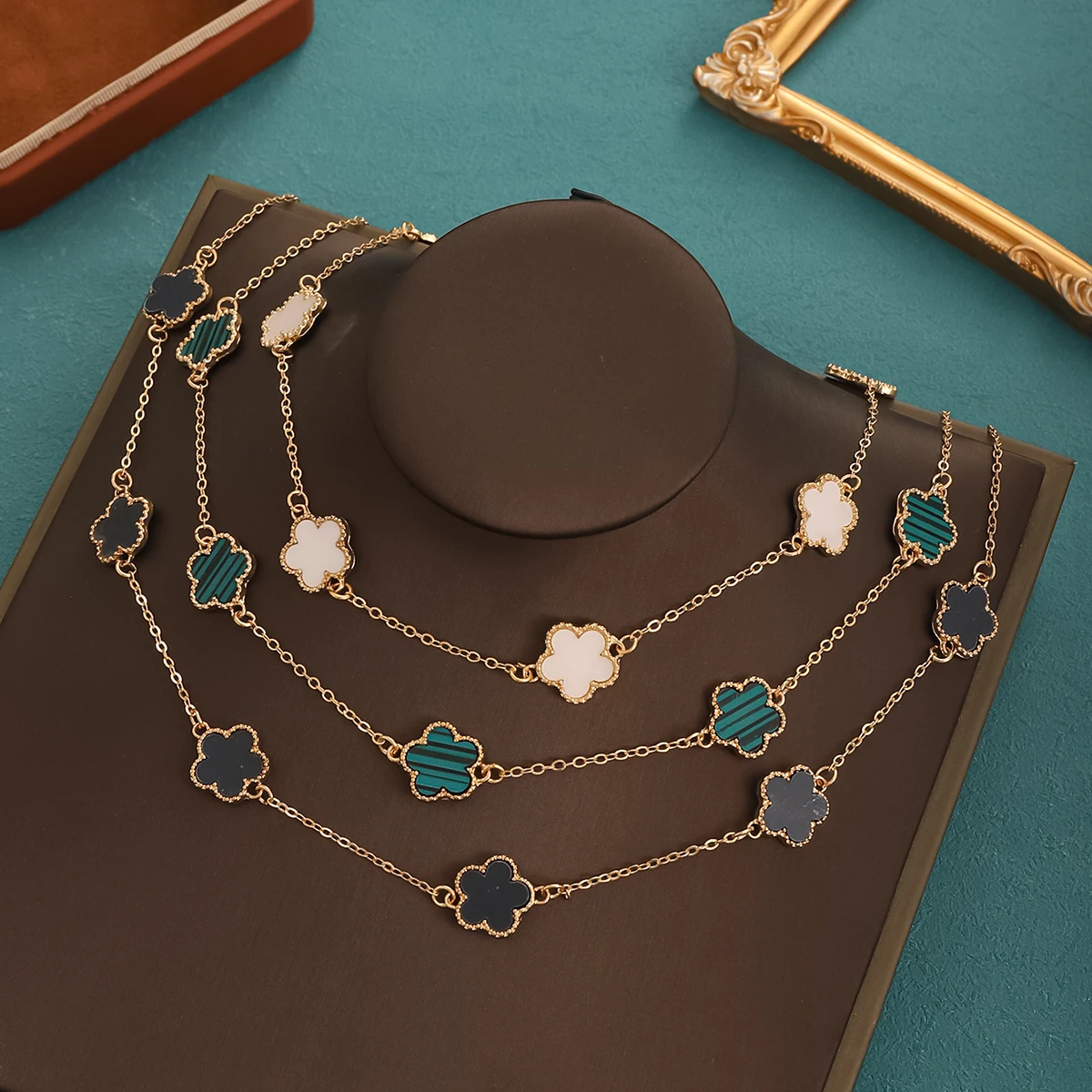 Double Sided Clover Stainless Steel Necklace for Women Plant Five Leaf Flower Pendant Fashion Jewelry