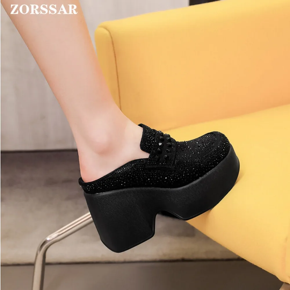 Women Summer Sandal Casual Slingbacks High Heels Pumps Slip on Mules Women Crystal Platform Wedges Slippers Woman