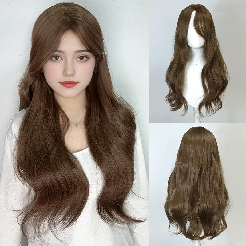 

Fluffy Long Hair Big Curl Natural Looking Scalp Full Head Cap Autumn Winter Atmosphere Feel Center Part Bangs Whole Top Set