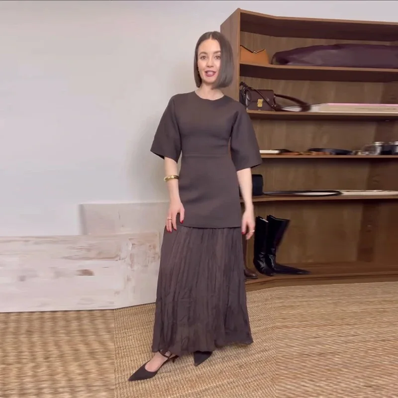 MUJER Pleated Knitted Long Dresses for Women Short Sleeve Maxi Dress Woman Vintage Party Womens Dresses Patchwork Women's Dress - Image 2