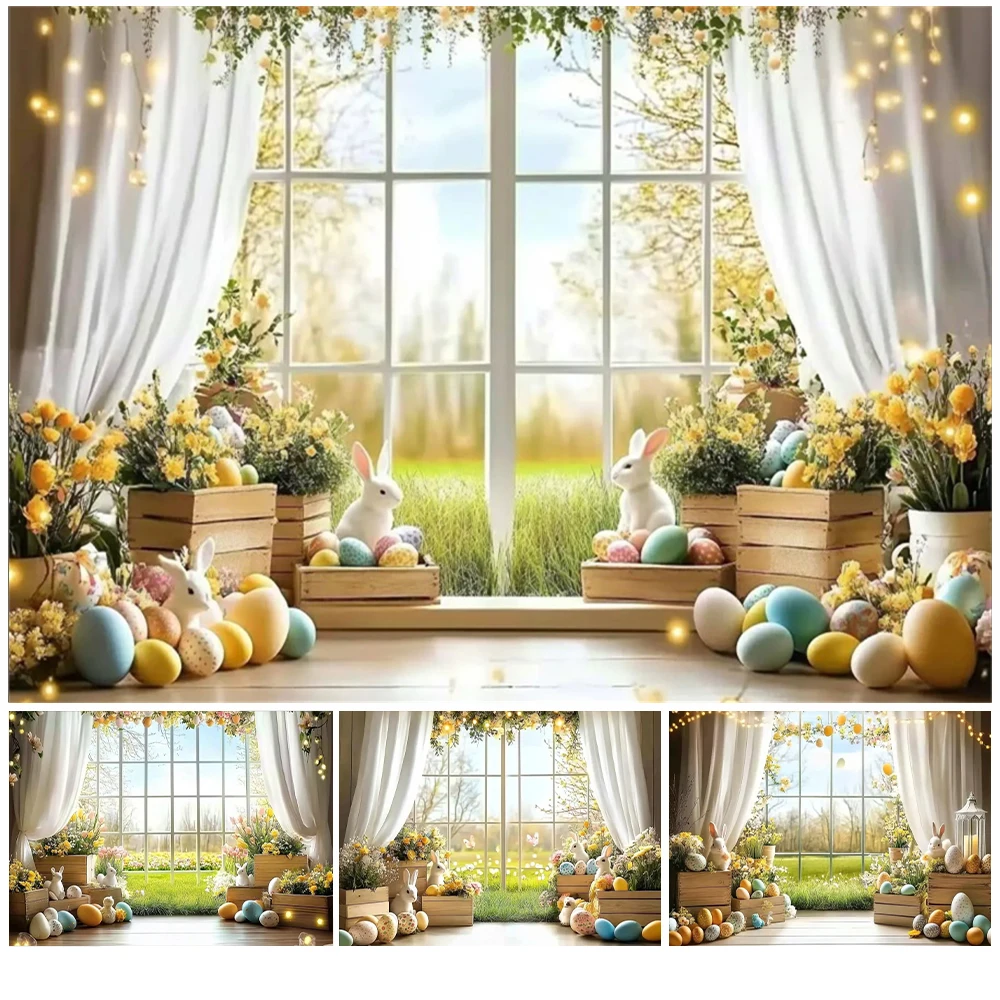 

Spring Easter Photography Background Window Curtain Green Grass Flower Rabbit Eggs Easter Kids Portrait Photocall Backdrop Decor
