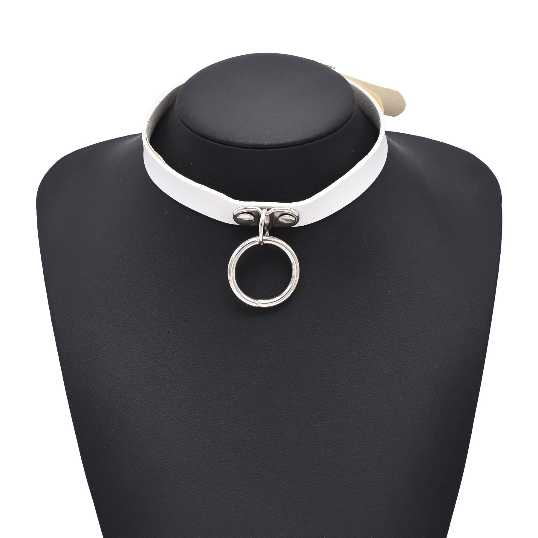 White Black Pink Leather Crystal Circle Pendant Collar Necklace for Women Punk Gothic Adjustable Choker Necklaces Neck Jewelry