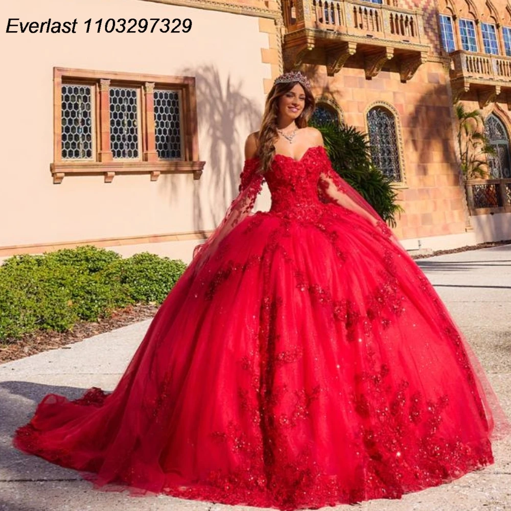 EVLAST Customized Lilac Quinceanera Dress Ball Gown Lace Applique Beading Ruffles With Cape Sweet 16 Vestidos De 15 Anos TQD838