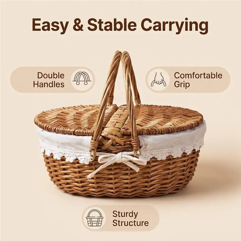 WCS-Wicker Picnic Basket,Braided Handmade Wicker Basket With Lid And Handle, Includes Liner, Shopping Basket