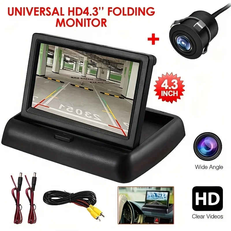 HD 4.3in Foldable Car Display with Backup Camera Rear View Camera Wide Angle View for Safe Reversing Fit for SUVs, RVs, Pickups