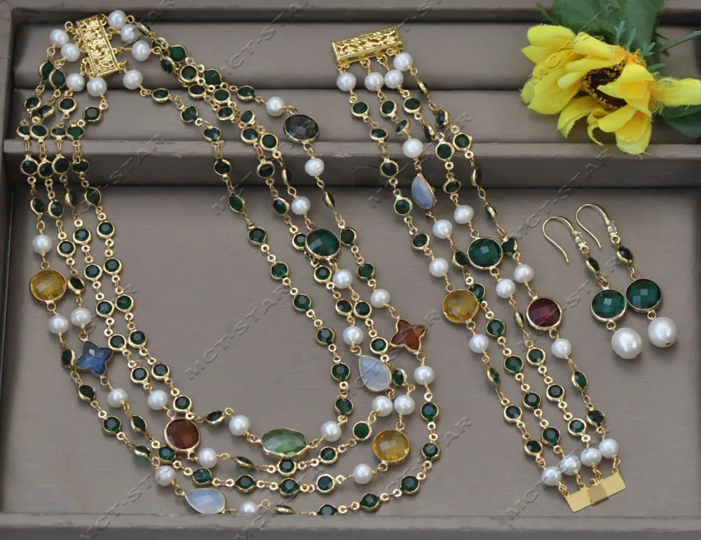 Z13089 4Row Set Green CZ White Round Pearl Multicolor Crystal Necklace Bracelet Earring view 3