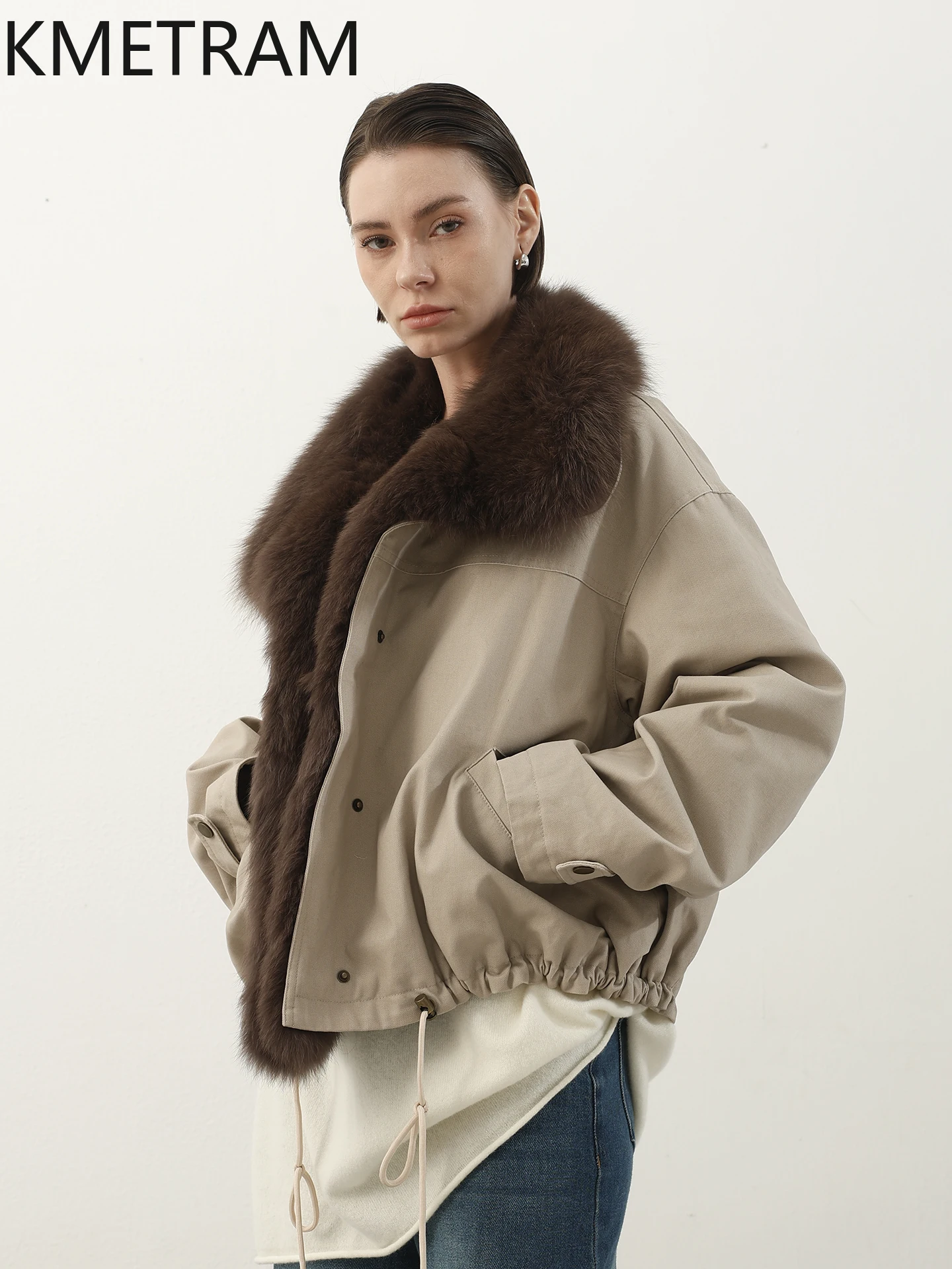 سترة KMETRAM بياقة من فرو الثعلب الحقيقي معطف أسفل سترة من الفرو غير رسمية كبيرة الحجم 2025 سترة شتوية قصيرة للنساء putaхоvikк ЖыыыыыыыыыёмÑ