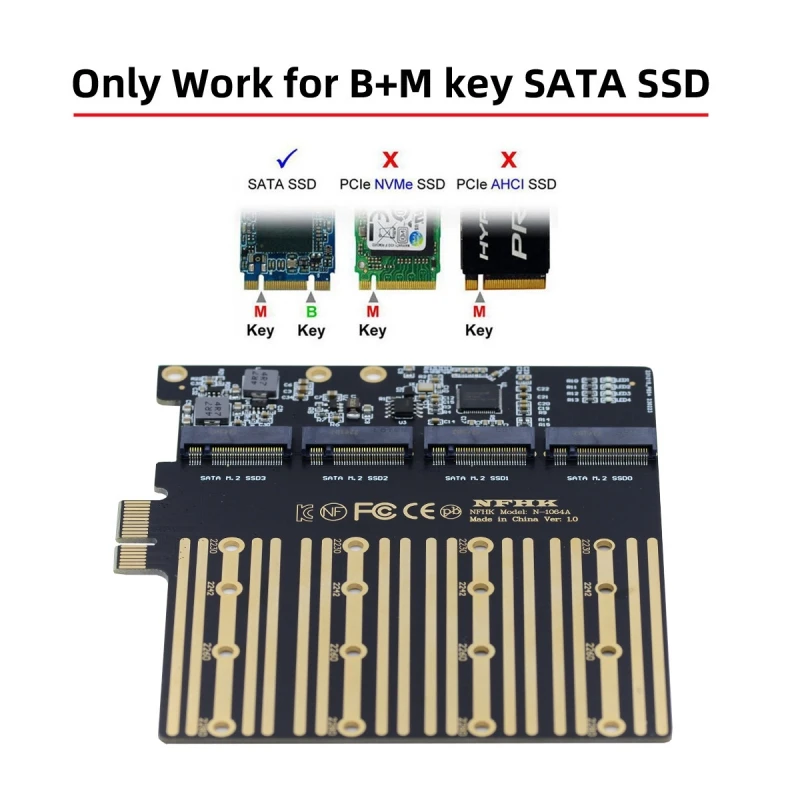 

NGFF M.2 Adapter Four SATA NGFF Key B+M SSD to PCI-E 1x Mainboard Desktop Adapter Converter SSD Card ASM1064 2280