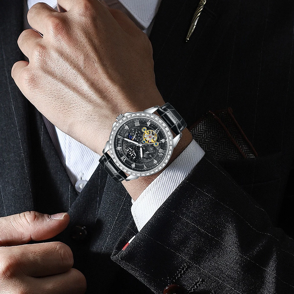 LIGE 2026 New Luxury Automatic Watches For Man Couple Diamond Dial Mechanical Waterproof High-End Moon Phase Clock Wristwatch