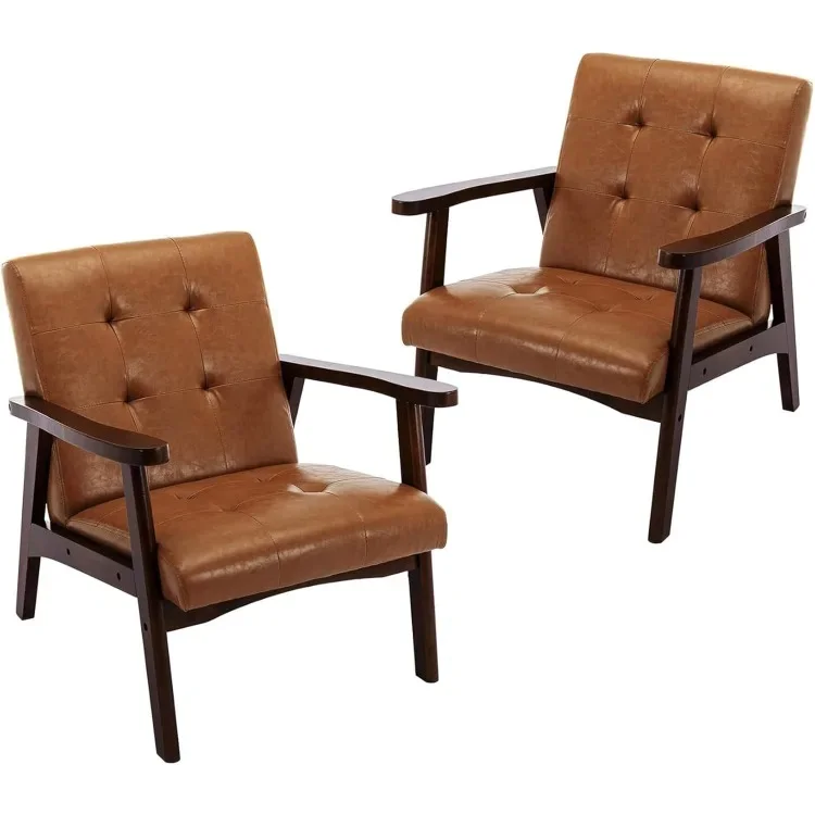 Brown Mid Century Modern Accent Chair for Living Room Set of 2, Upholstered Faux Leather Armchair Comfy Retro Bedroom Side