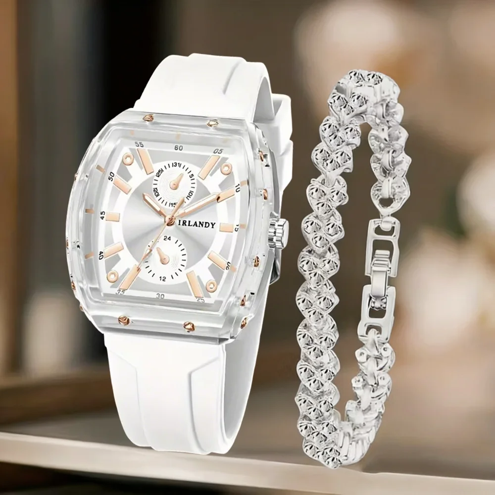 2PCS Fashion Silicone Band Women Watch Rhinestone Bracelet Set Casual Ladies Wristwatches Relogio FemininoWithout Box
