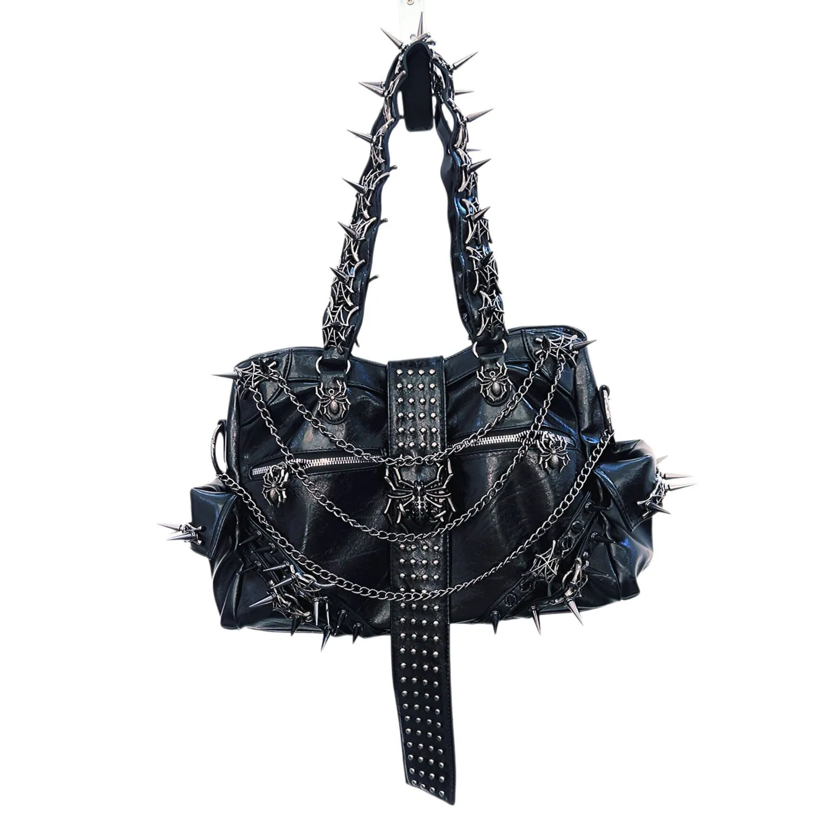 Women Gothic Large Tote Shoulder Bag Leather Spider Spiked Stud Chain Decor Hobo Handbag Y2K Punk Dark Style Daily Party Purse