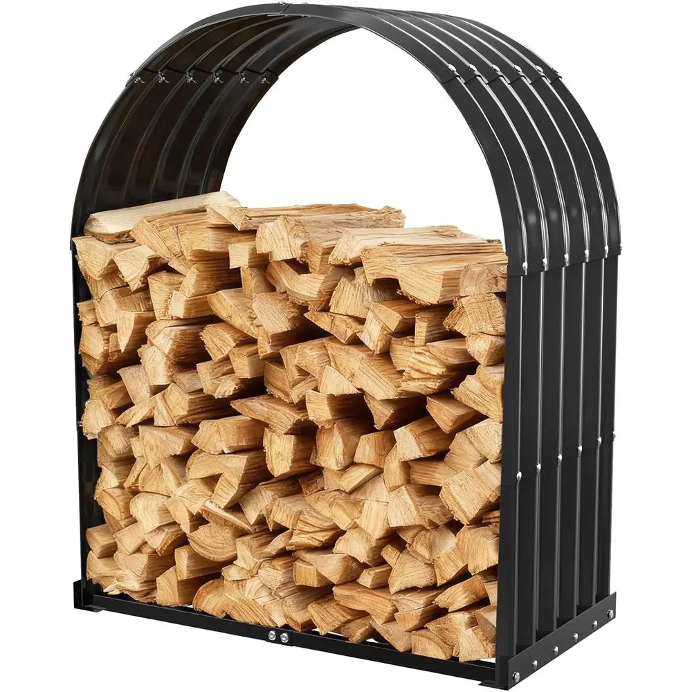 Heavy-Duty Black Metal Log Holder with 32 Round Roof  Outdoor Wood Rack or Patio, Deck & Fireplace  Weatherproof Lumber Stand