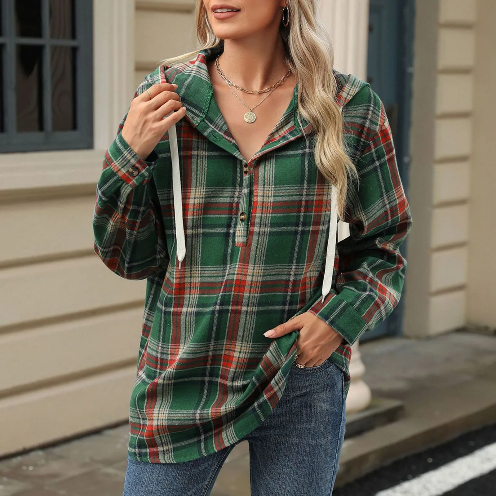 

2024 New Women'S Autumn And Winter Plaid Coat Button-Drawstring V-Neck Hoodie Fashion Beautiful All Match Casual Pullover