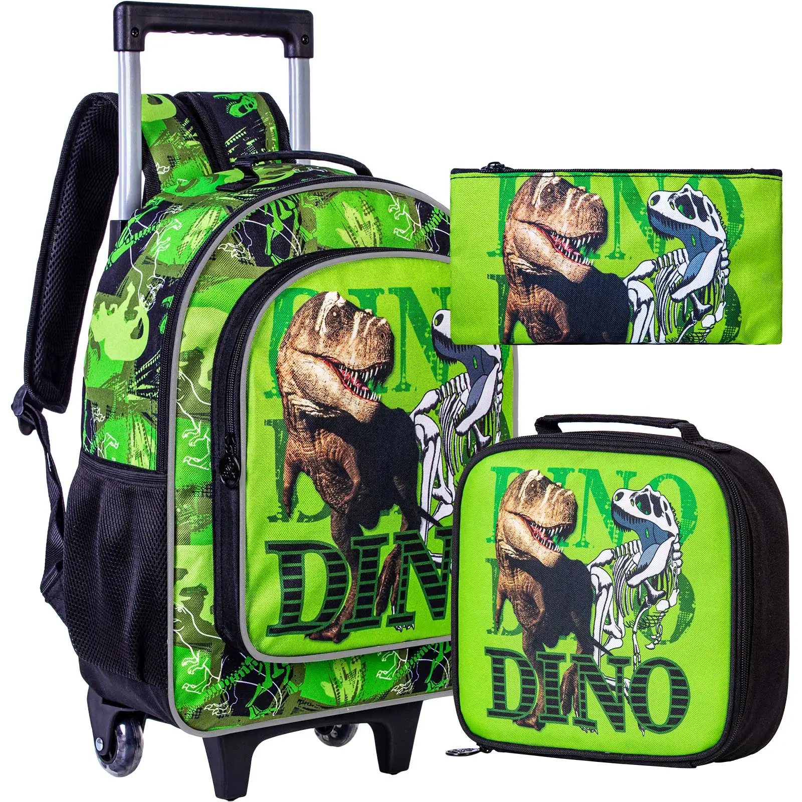 3-Piece Boy Green Dinosaur Backpack, 16-Inch Schoolbag and Kindergarten Primary School Lunch Box