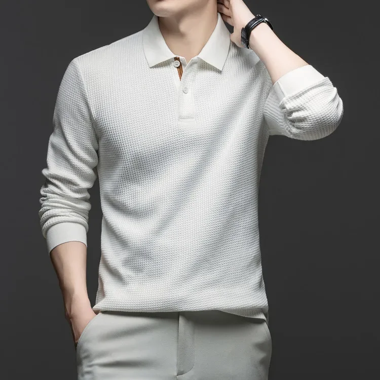 Langarm-Poloshirt aus Waffelstrick – Weiche Baumwollmischung, Slim Fit, Lässiges Business-Oberteil für Herbst und Winter, Mehrfarbig – Detail 22