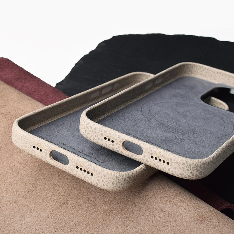 Genuine Leather Case For iPhone 15 Pro Max Luxury Real Skin Phone Back Cover For Apple iPhone 15 Pro Magnetic Beige Color