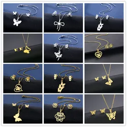 316L Stainless Steel Animal Jewelry Sets Dragonfly Butterfly Pendant Necklaces Earings Set Clavickle Chain Choker Studs Earring