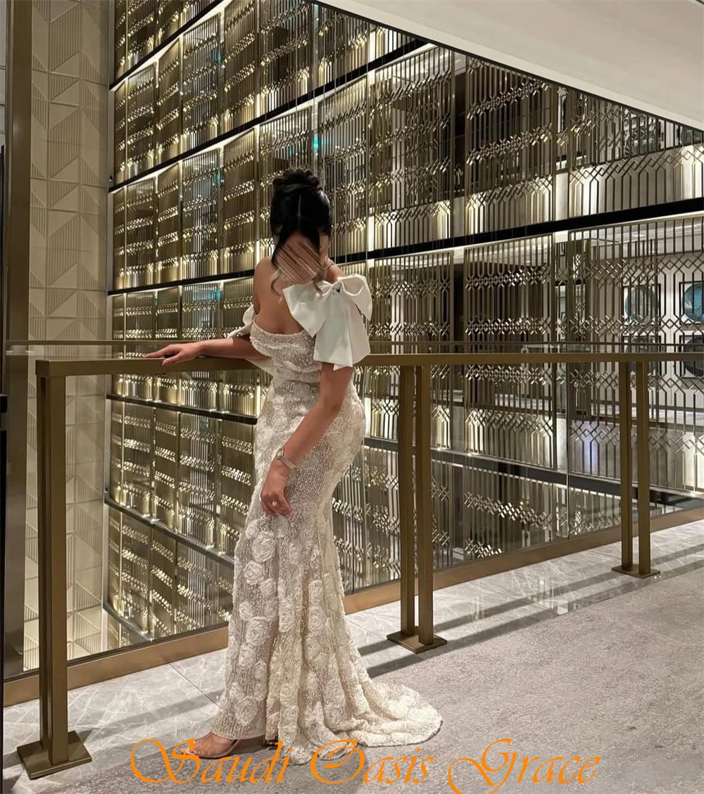 ชุดราตรีผ้าออร์แกนซ่าสีเบจเรียบง่ายแบบสั่งตัด ชุดออกงานแบบไหล่เดียวไม่มีแขน ชุดงานเลี้ยงรับปริญญาทรงเมอร์เมดผ้าเนื้อนุ่ม ประดับโบว์ ชุดราตรีแบบดารา