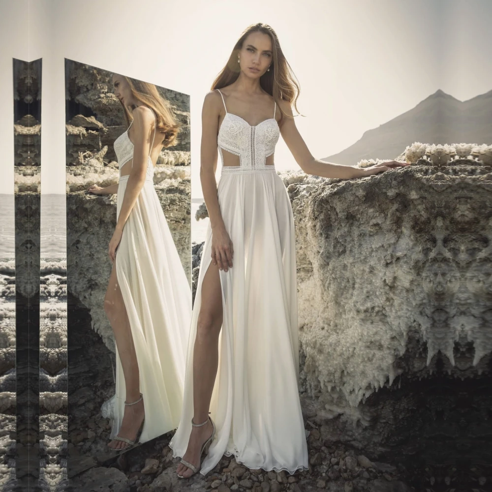 

Qcenkeren Wedding Dresses Spaghetti Straps A Line Slit Skirt Chiffon Beach Women Bridal Gowns Israel Boho