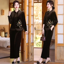 Autumn Women's Embroidery Sales Golden Velvet jacket top and Pant Sets plus size Vintage Middle Aged Mother 2 Piece Sets Outfit