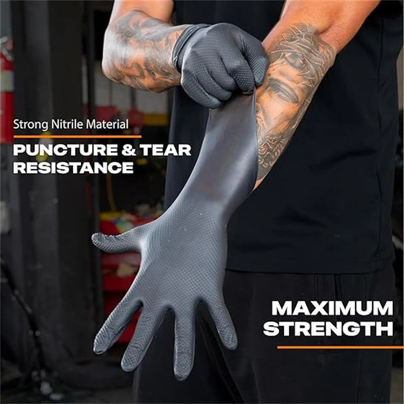 Heavy Duty Nitrile Gloves Black 8 Mil Disposable Gloves with Raised Diamond Texture Latex Free Industrial Auto Mechanics Gloves