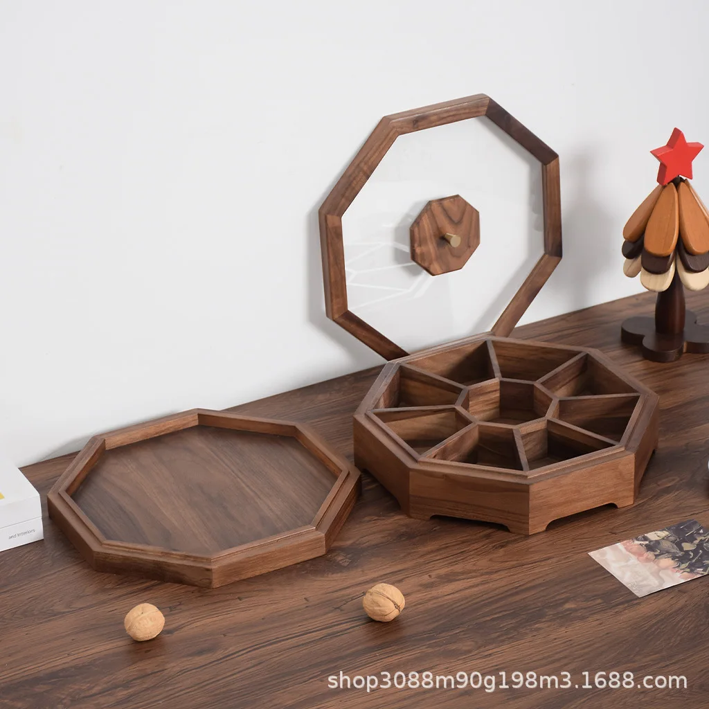 Wooden dried fruit box, Chinese walnut candy box, living room with lid grid nut candy