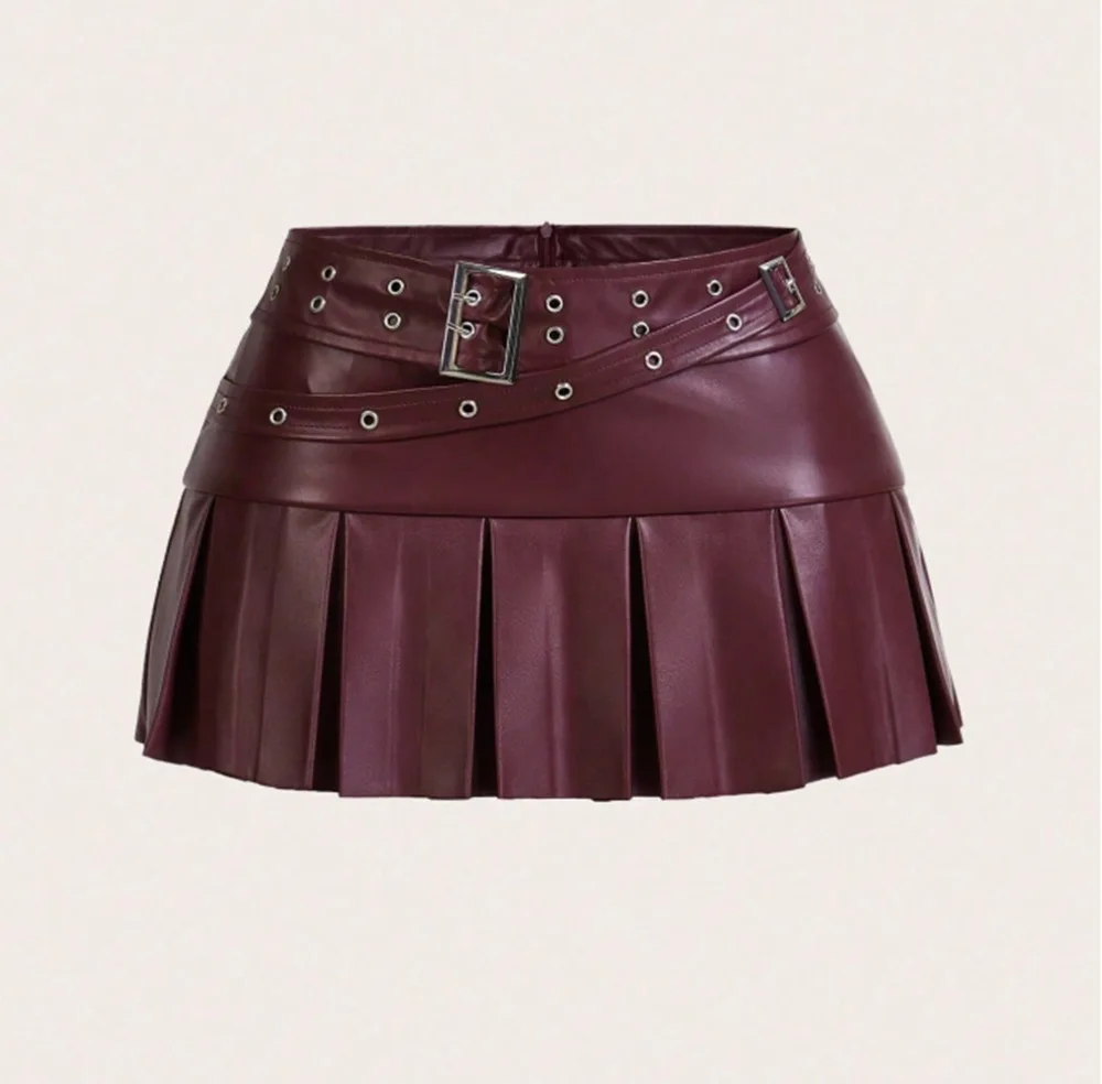 Nuova gonna invernale a pieghe Spice Girl Minigonna in pelle PU con cintura da discoteca
