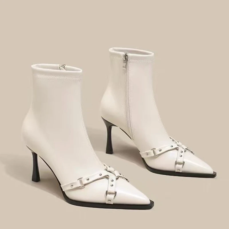 2025 Fall New Thin Heel Single Boots Women's Fashion Pointed Side Zipper Rivets Metal Belt Buckle Short Boots