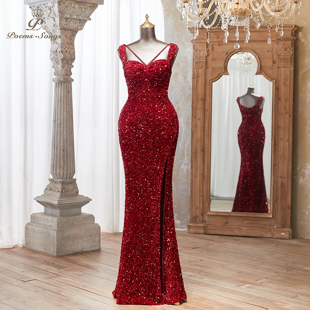 PoemsSongs Glamorous Women's Burgundy Sequin Sleeveless Mermaid Evening Dress with Slit vestidos de fiestas elegantes mujer