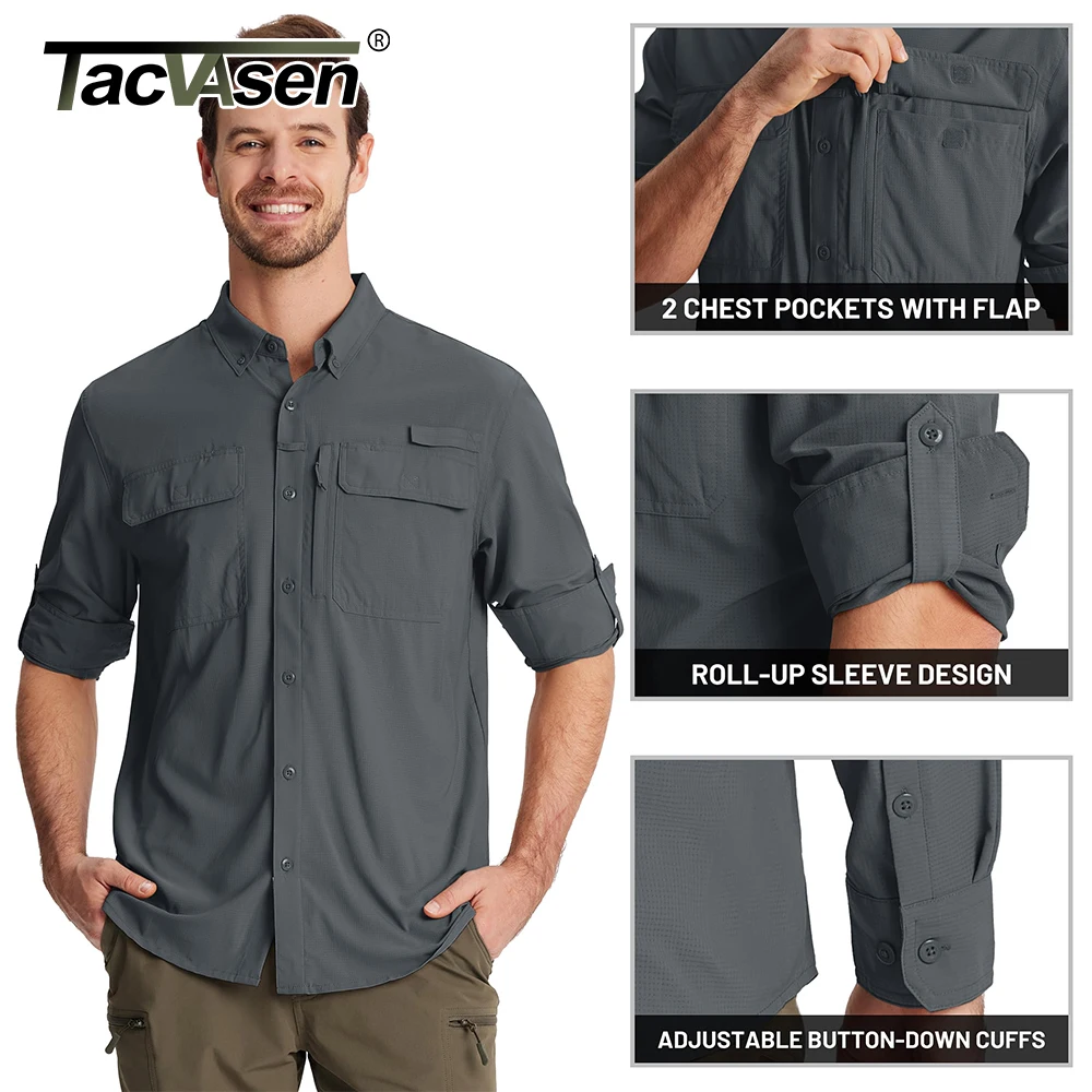 TACVASEN Fishing Shirts Men\'s Quick Dry Long Sleeve Chest Pocket Mesh Breathable Hiking Work Cargo Shirts UPF 50+ Sun Protection