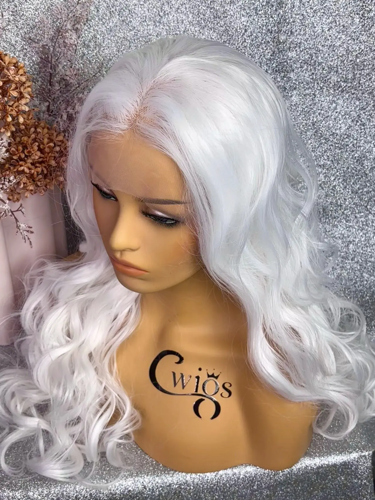 

Cwigs Long Wavy White Synthetic Wigs Lace Frontal Wig For Women Daily Use Cosplay Lolita Heat Resistant Fiber Wave Wigs